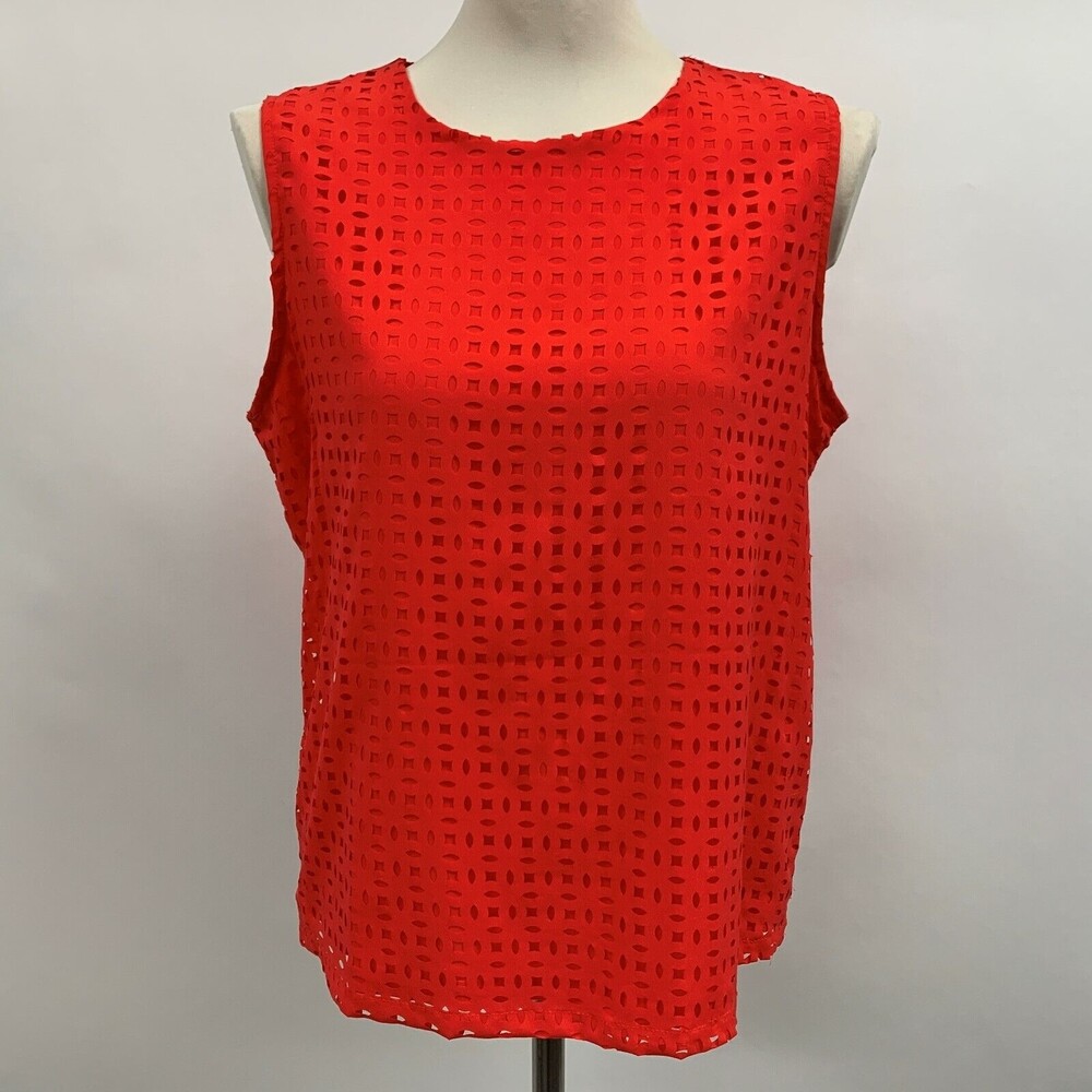 Cynthia Rowley Women's Top Medium Red Orange Sleeveless Eyelets Lined Laser Cut